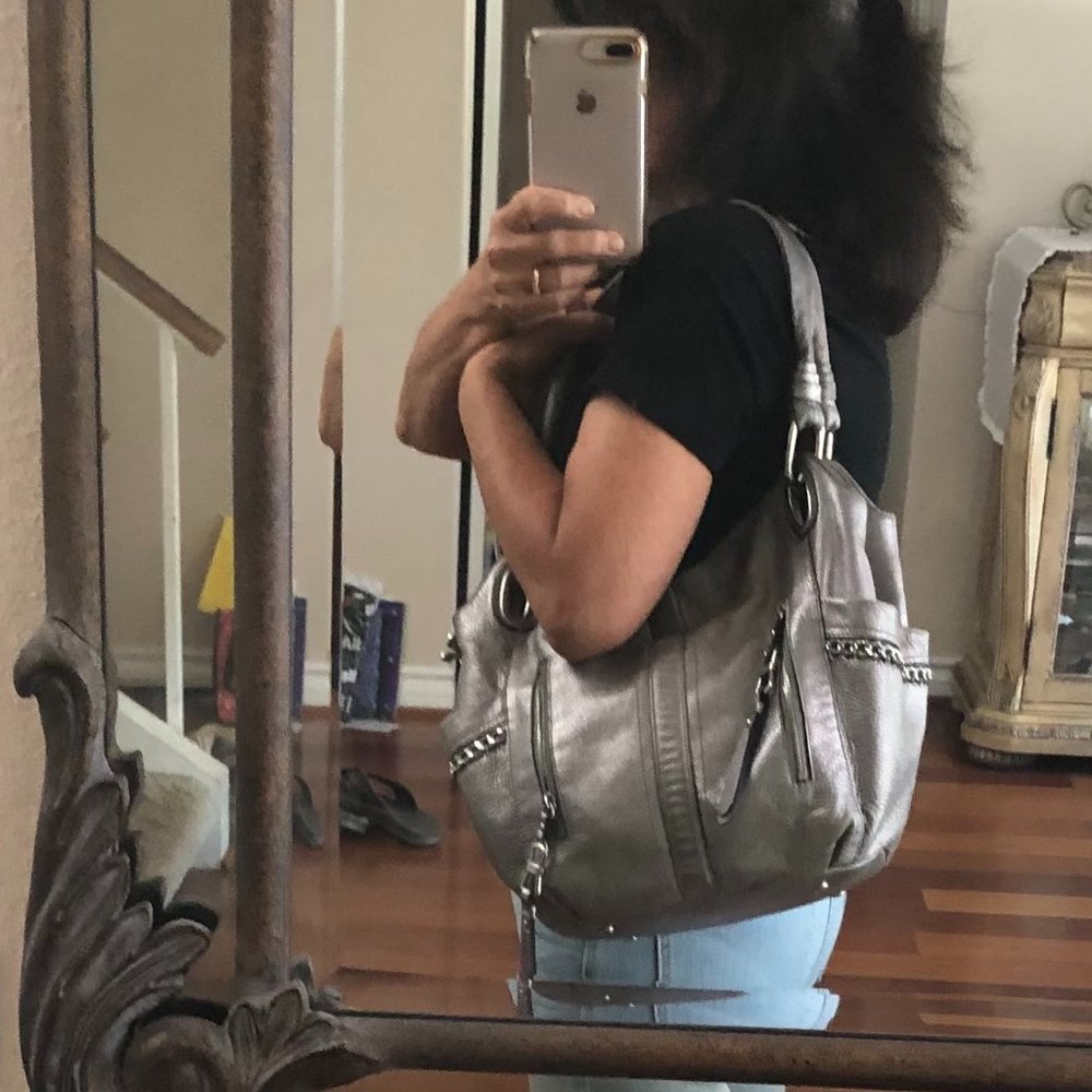 Designer Silver Leather Handbag